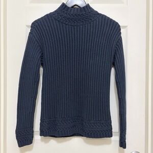 LL Bean Signature Ribbed Mock Neck Cotton Sweater XS Navy Blue Coastal Nautical